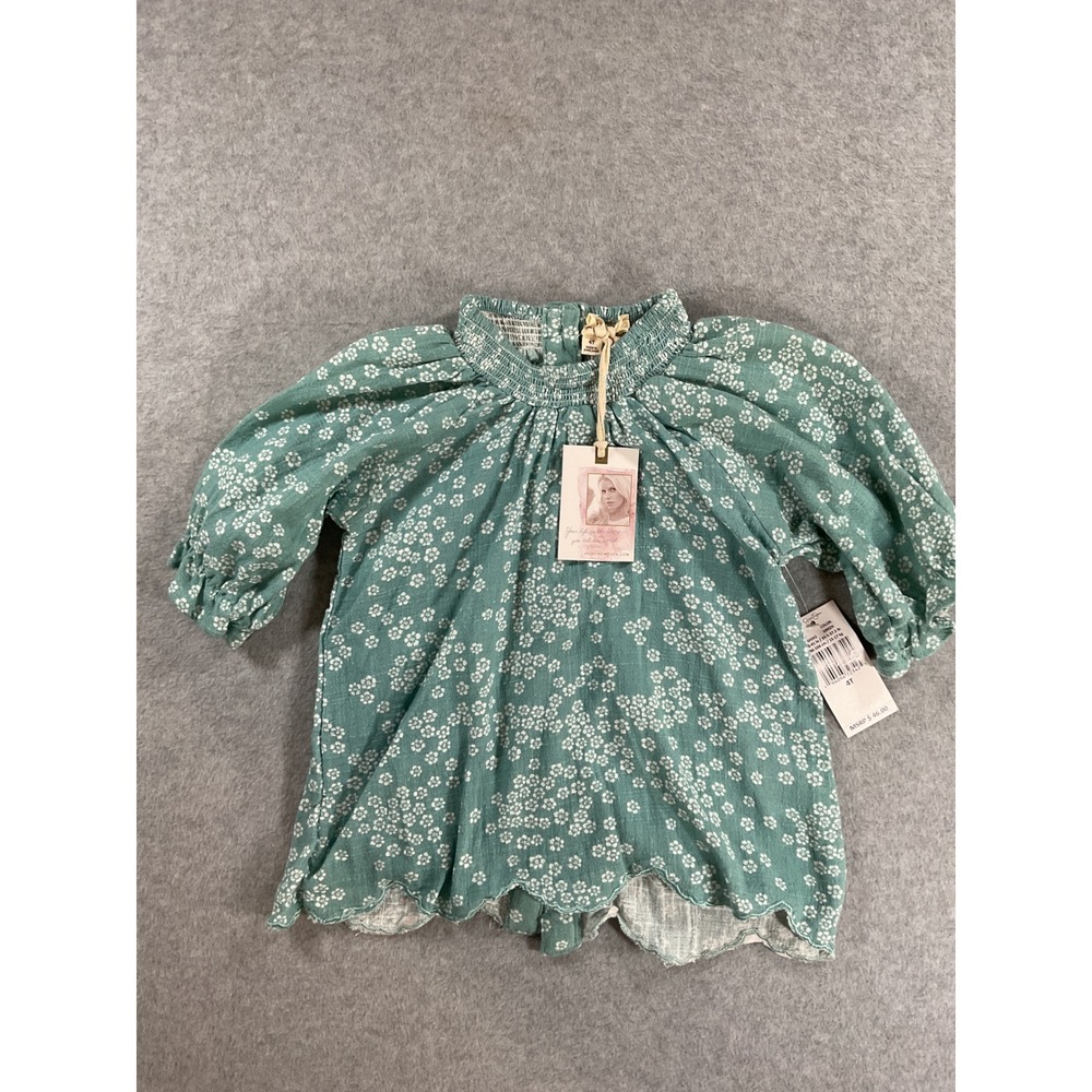 Jessica Simpson Girls Green Floral Smocked Neck Cotton Gauze Blouse 4T 1958